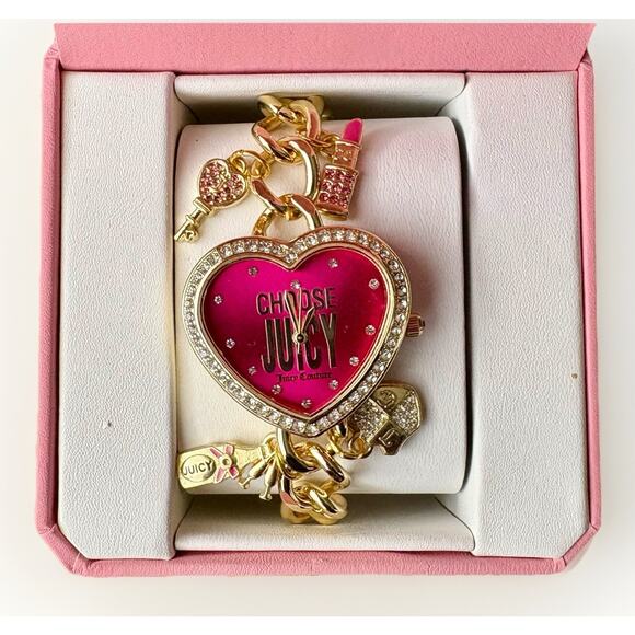 NIB JUICY COUTURE Gold Pink Rhinestone Heart Watch Charm Bracelet Crest Key GIFT - Picture 3 of 16